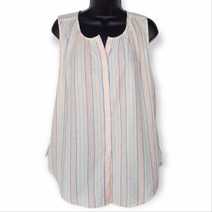 Lucky Brand Sleeveless Top Button Front Striped Semi Sheer Blue Coral Size XL